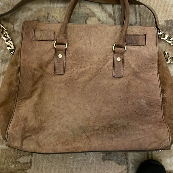 Michael Kors Hamilton Ostrich Suede Embossed Tan Distressed Tote - Picture 3 of 5